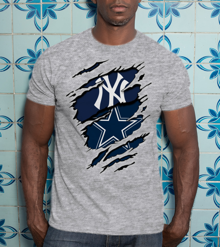 Cowboys Yankees Logo Mashup On Torn Background Gray T-Shirt