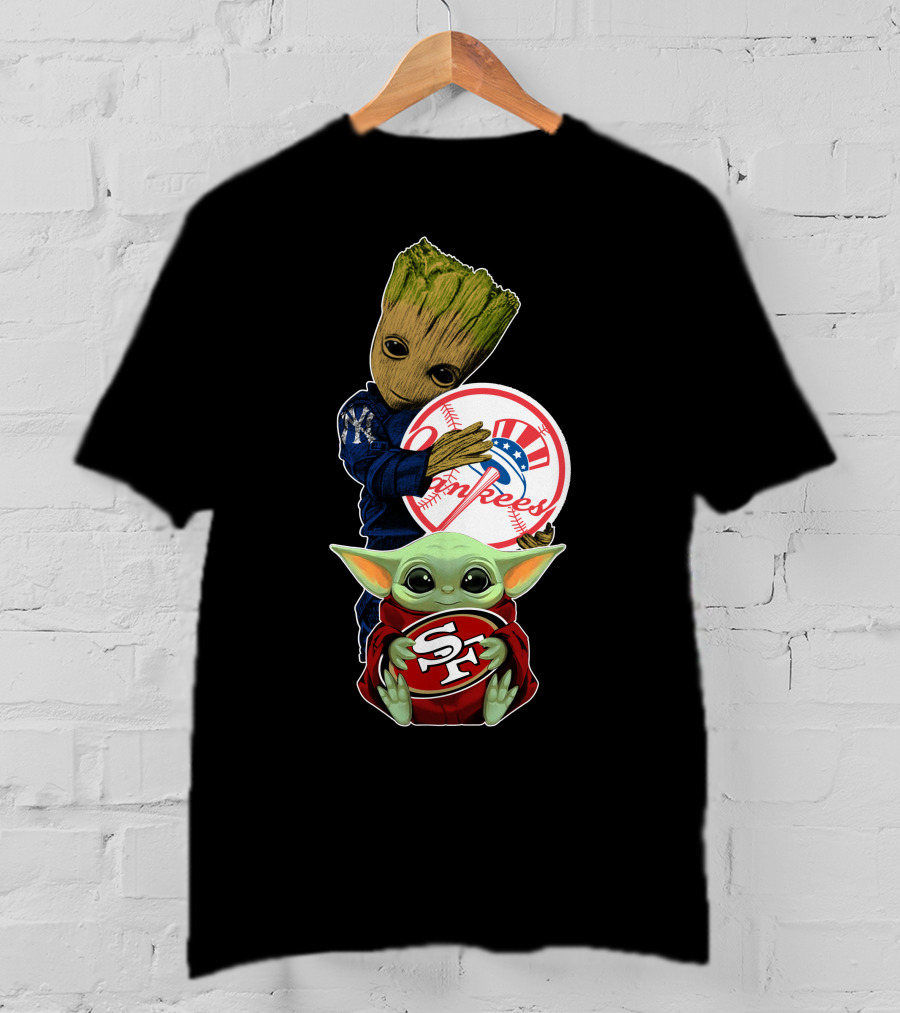 Groot Yankees Logo And Baby Yoda 49ers Sf Team Crossover T-Shirt