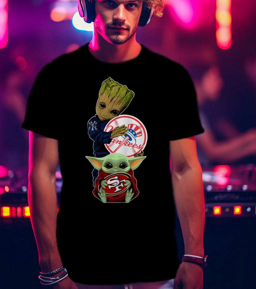 Groot Yankees Logo And Baby Yoda 49ers Sf Team Crossover T-Shirt