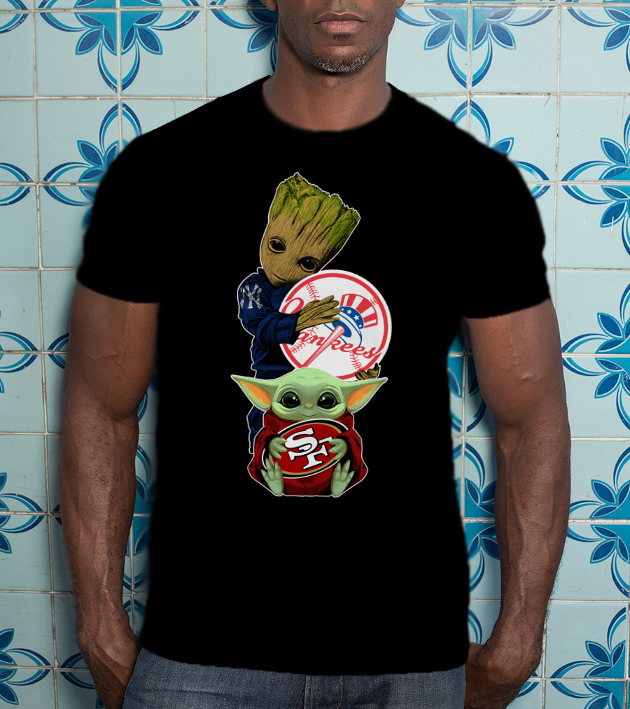 Groot Yankees Logo And Baby Yoda 49ers Sf Team Crossover T-Shirt