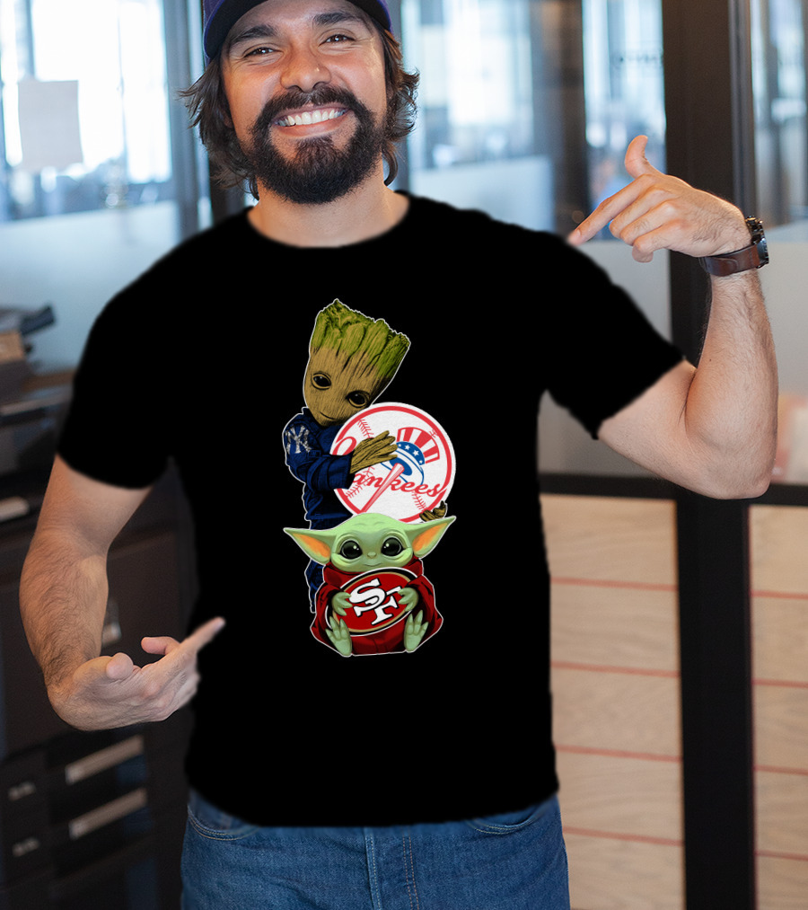 Groot Yankees Logo And Baby Yoda 49ers Sf Team Crossover T-Shirt