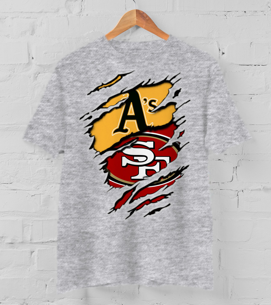 Oakland A's And San Francisco 49ers Torn Layered Logo Fusion T-Shirt