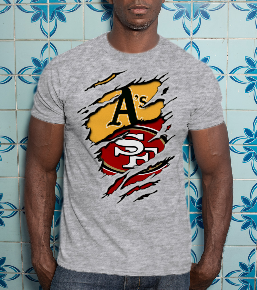 Oakland A's And San Francisco 49ers Torn Layered Logo Fusion T-Shirt