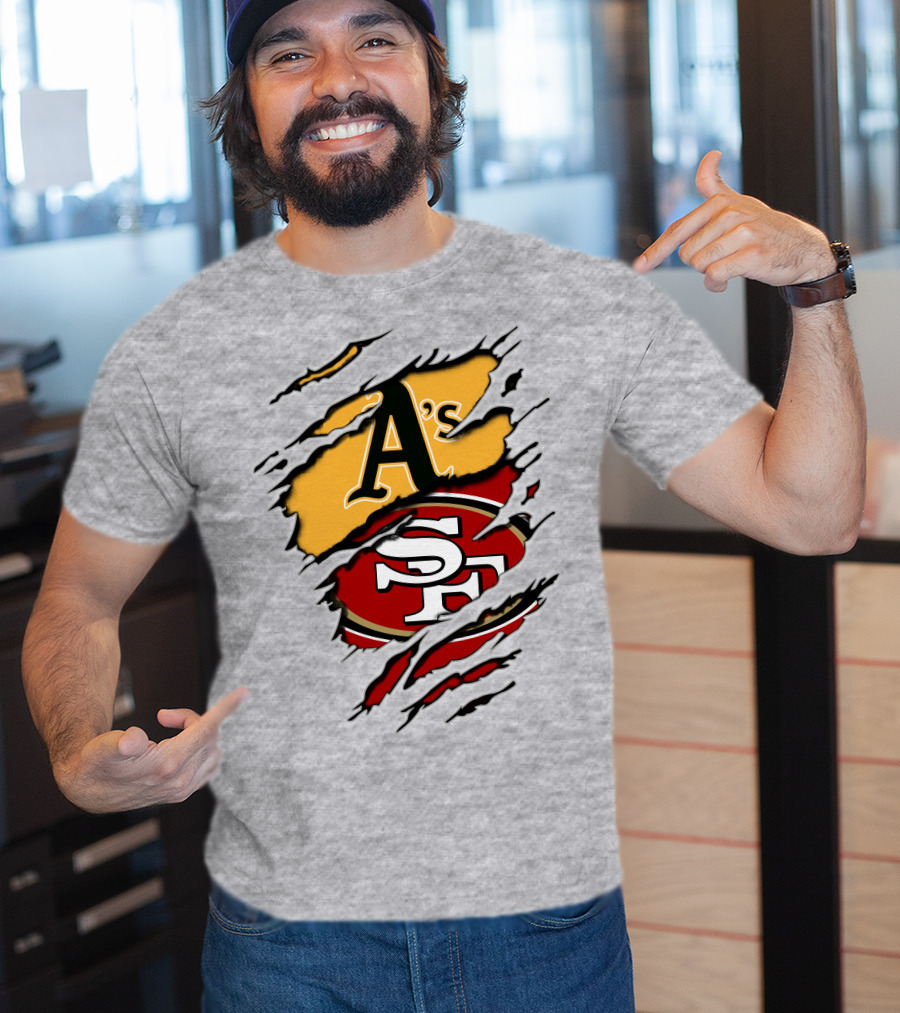 Oakland A's And San Francisco 49ers Torn Layered Logo Fusion T-Shirt