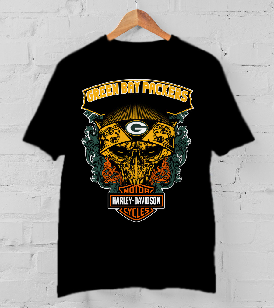 Green Bay Packers Harley Davidson Motorcycles Skull Bandana T-Shirt