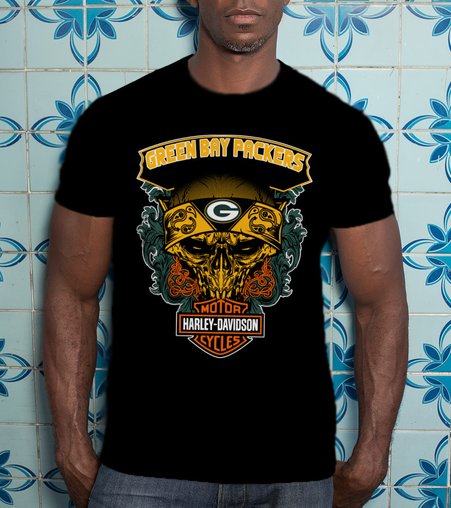 Green Bay Packers Harley Davidson Motorcycles Skull Bandana T-Shirt