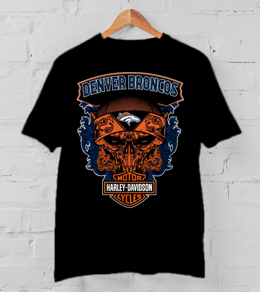 Denver Broncos Harley Davidson Motor Cycles Skull T-Shirt