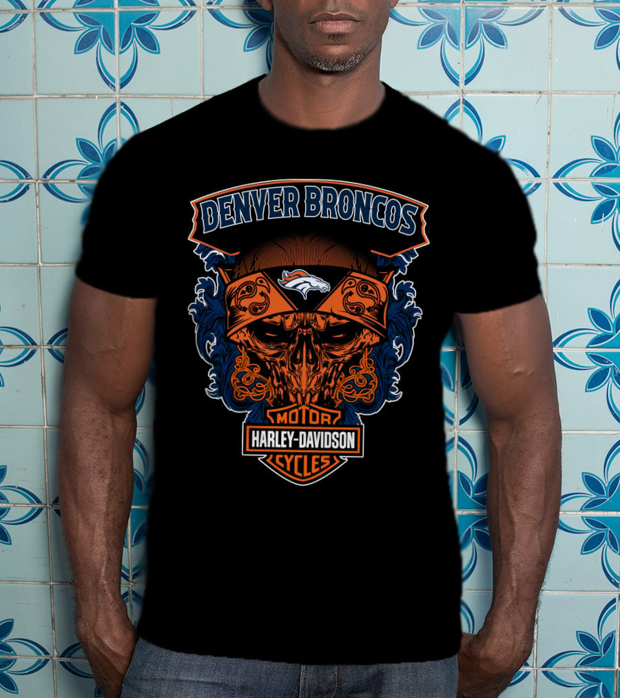 Denver Broncos Harley Davidson Motor Cycles Skull T-Shirt