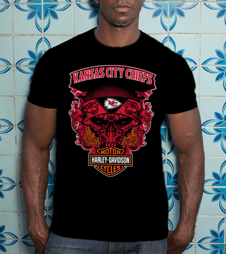 Kansas City Chiefs Harley Davidson Motorcycles Skull T-Shirt