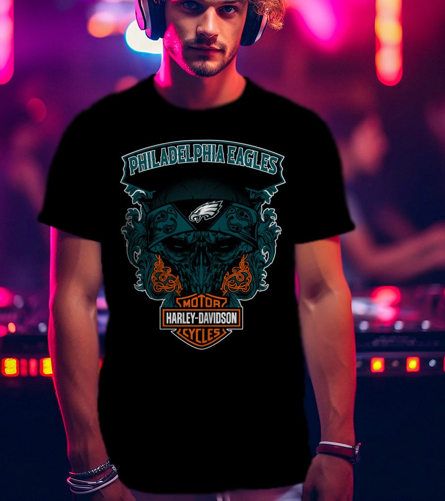 Philadelphia Eagles Harley Davidson Motorcycles Skull T-Shirt