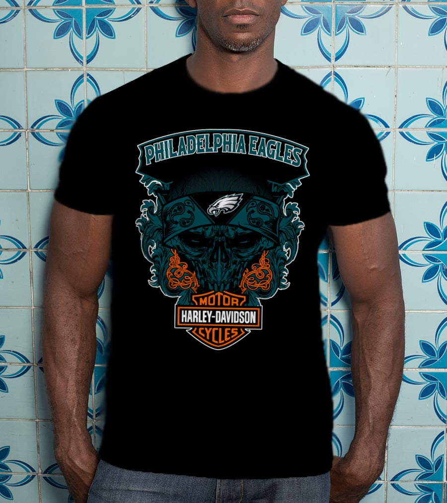Philadelphia Eagles Harley Davidson Motorcycles Skull T-Shirt