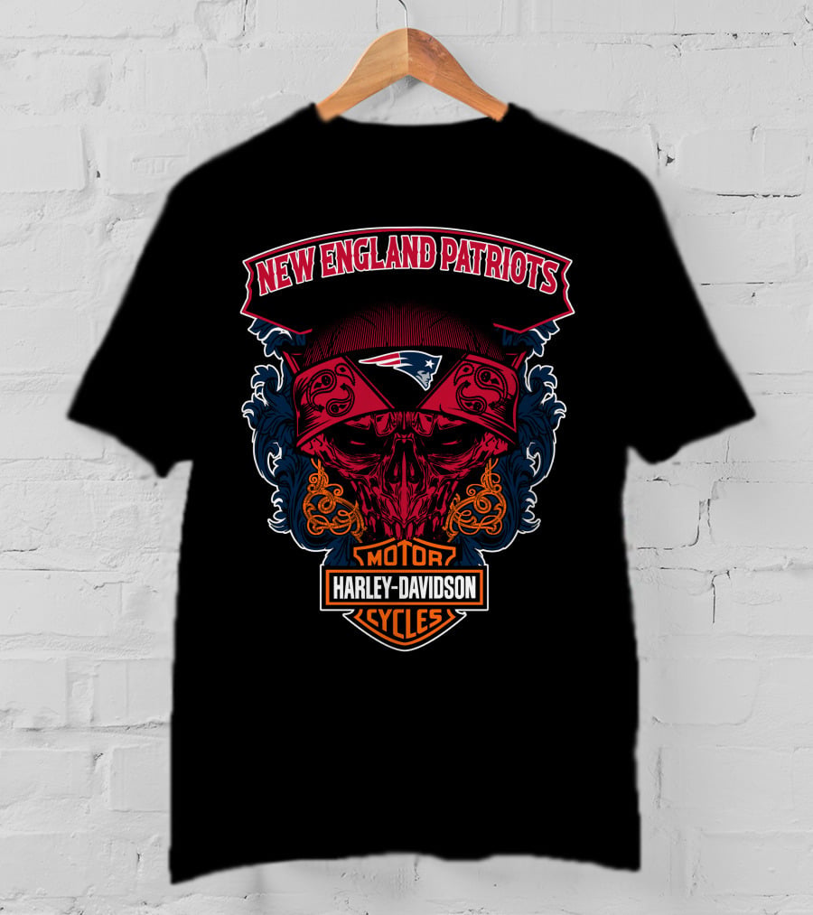 New England Patriots Skull Harley Davidson Motorcycles T-Shirt