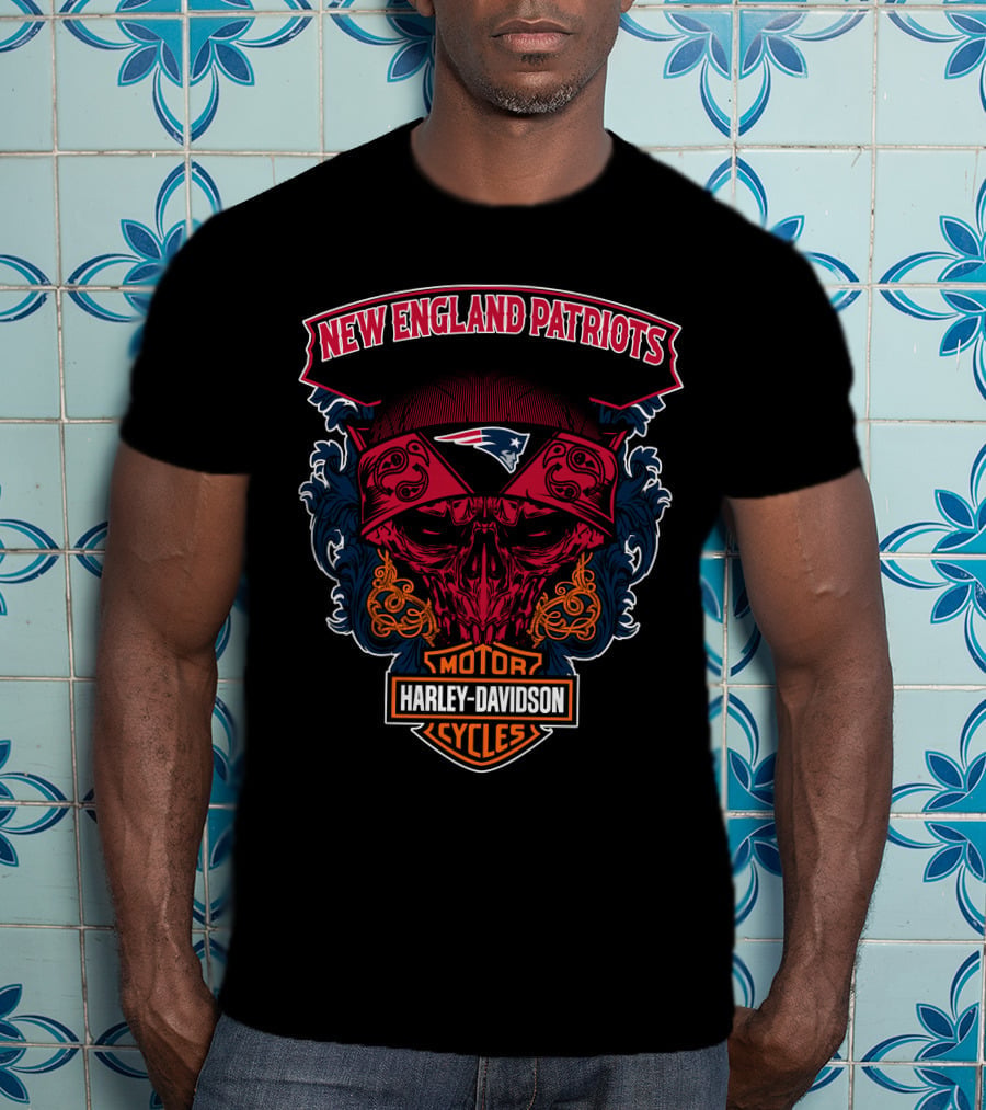 New England Patriots Skull Harley Davidson Motorcycles T-Shirt