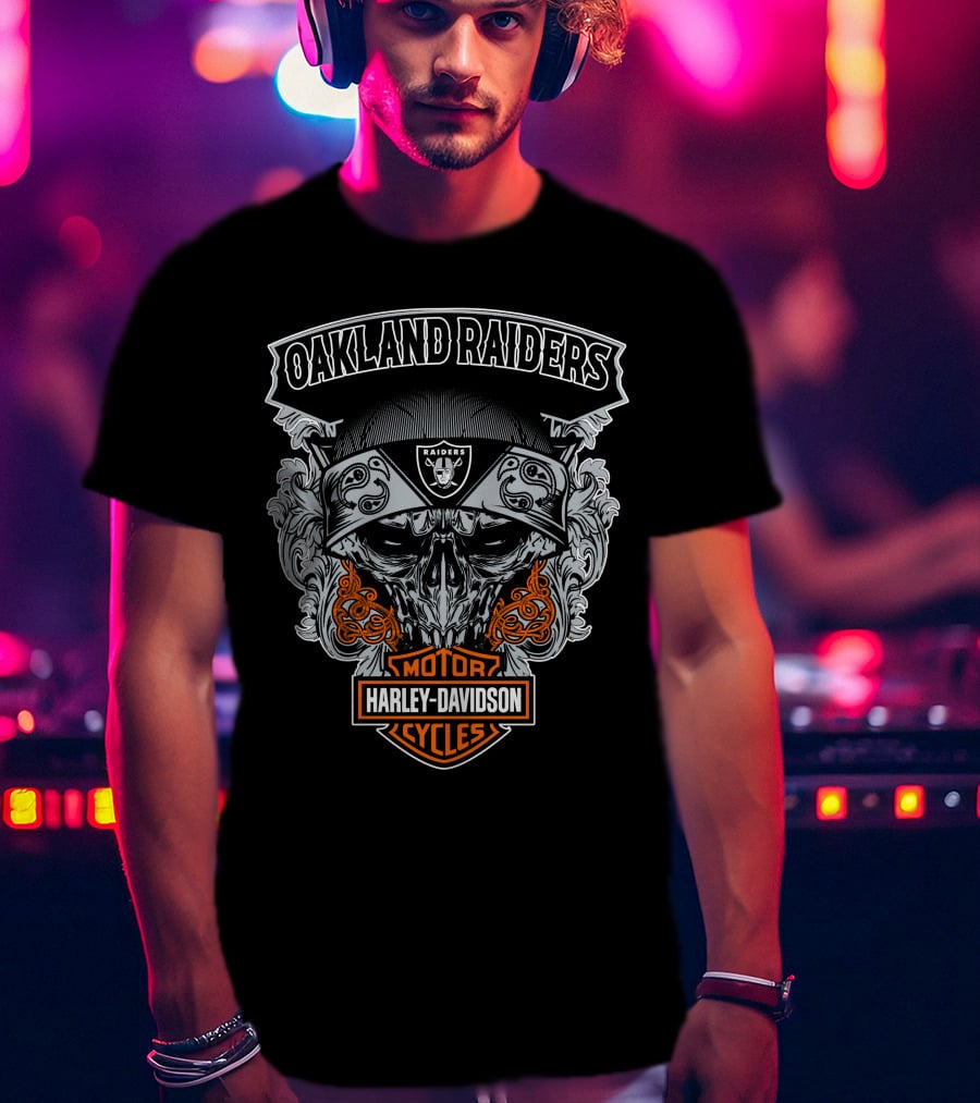 Oakland Raiders Harley Davidson Motorcycles Skull T-Shirt