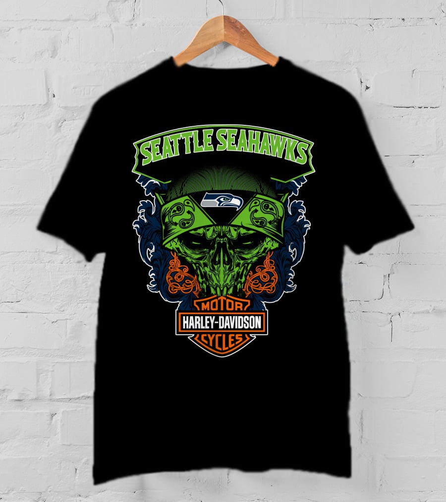 Seattle Seahawks Harley Davidson Skull Motor Cycles T-Shirt