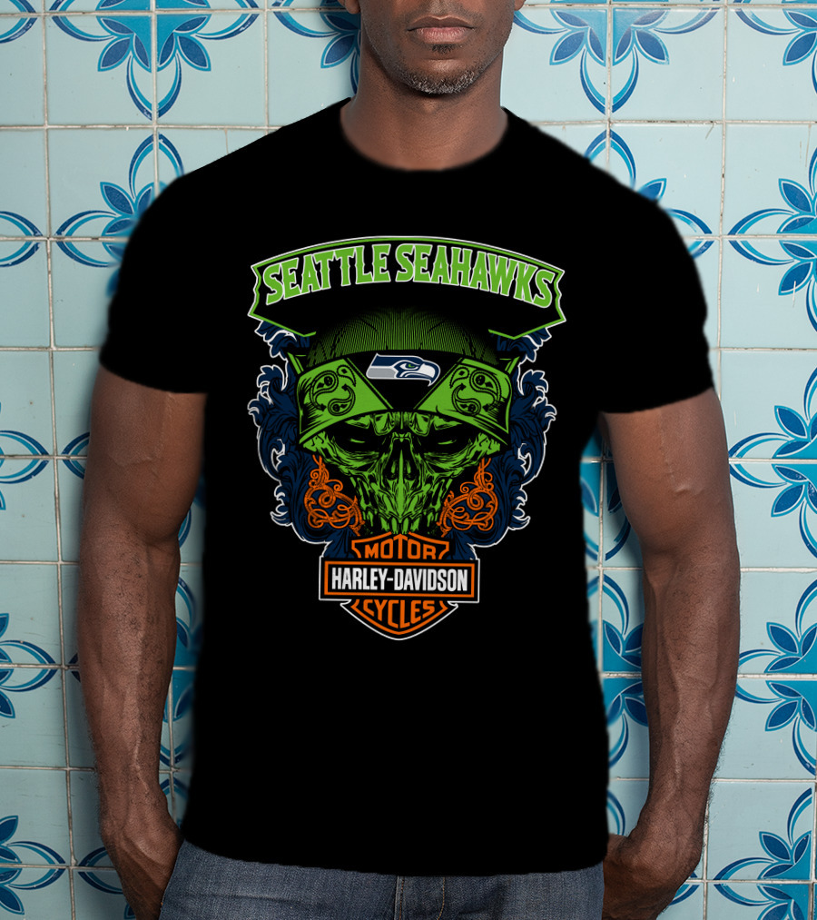 Seattle Seahawks Harley Davidson Skull Motor Cycles T-Shirt