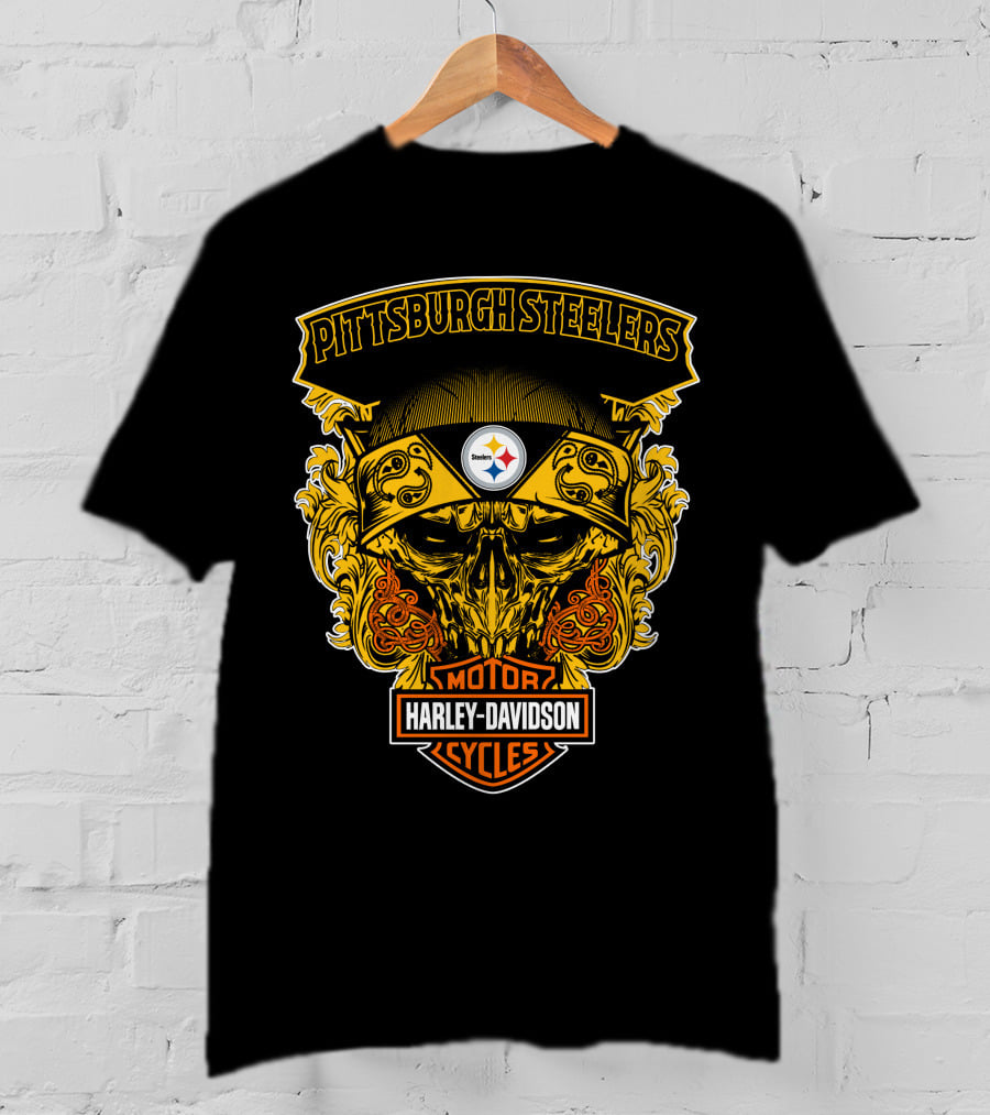 Pittsburgh Steelers Harley Davidson Motorcycles Skull T-Shirt