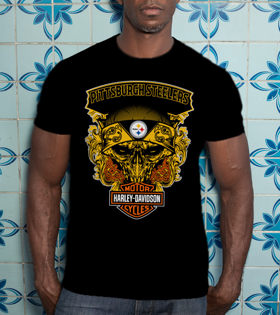 Pittsburgh Steelers Harley Davidson Motorcycles Skull T-Shirt