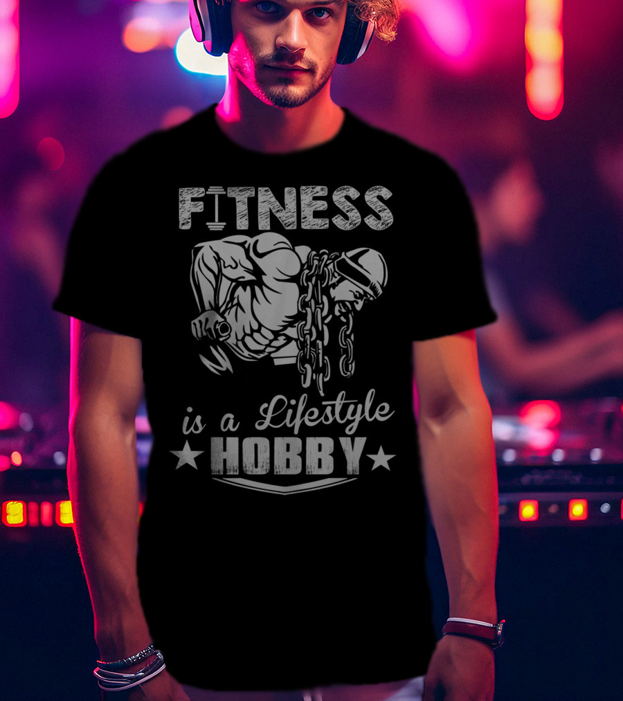 Fitness Is A Lifestyle Hobby With Muscular Bodybuilder And Chain T-Shirt