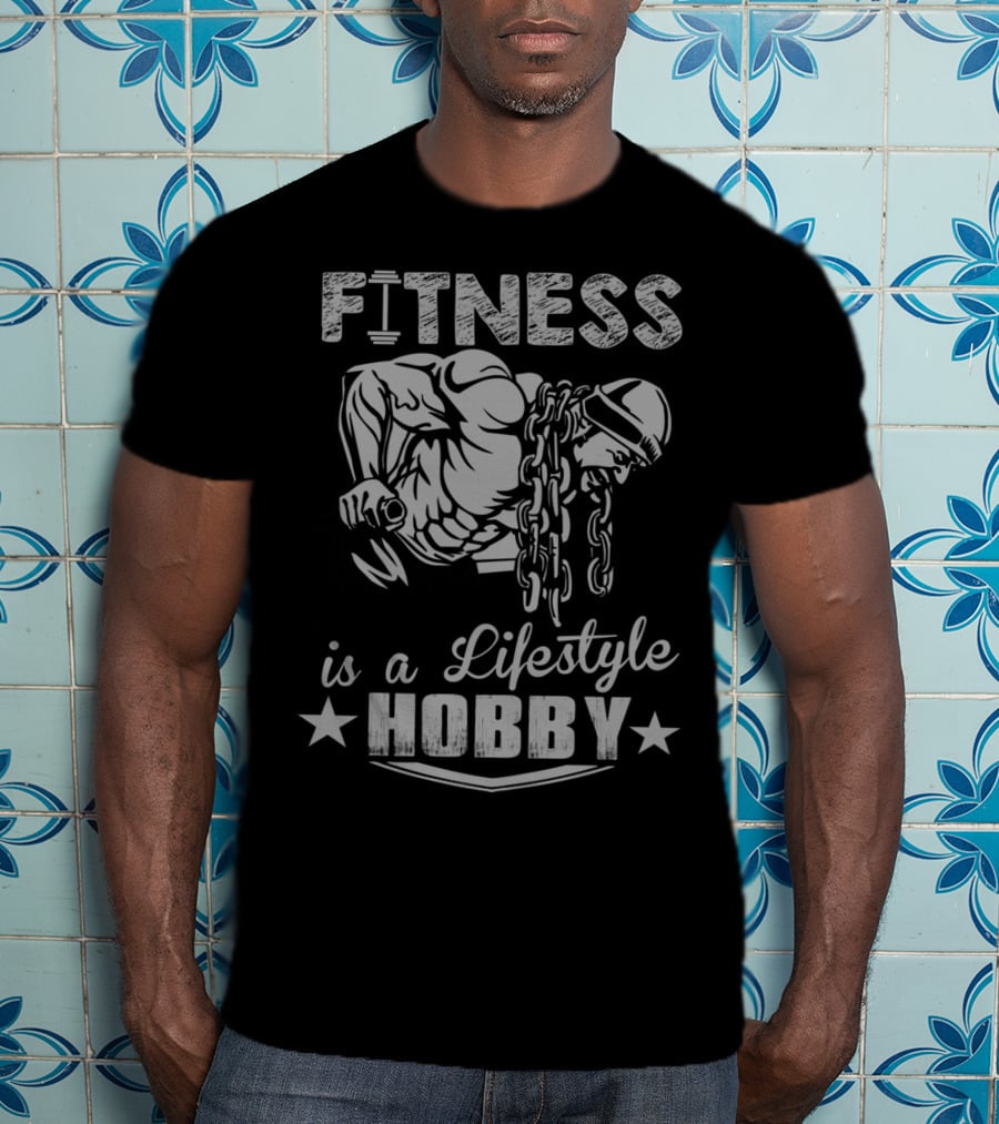Fitness Is A Lifestyle Hobby With Muscular Bodybuilder And Chain T-Shirt