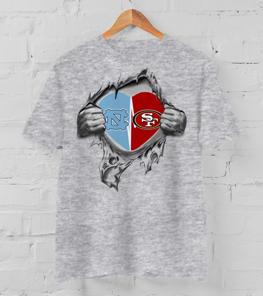 49Ers Tar Heels San Francisco UNC Heart Torn Fabric T-Shirt