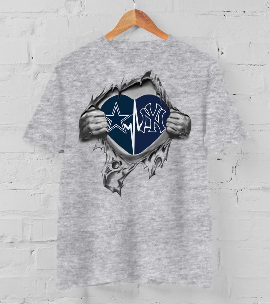 Cowboys Yankees Heart Icon Logos Ripped Metal T-Shirt