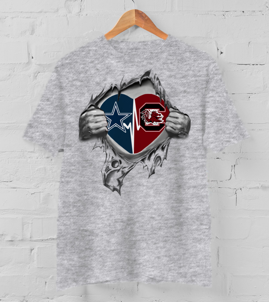Cowboys Gamecocks Heart Design With Dallas Star And Gamecock Emblem T-Shirt