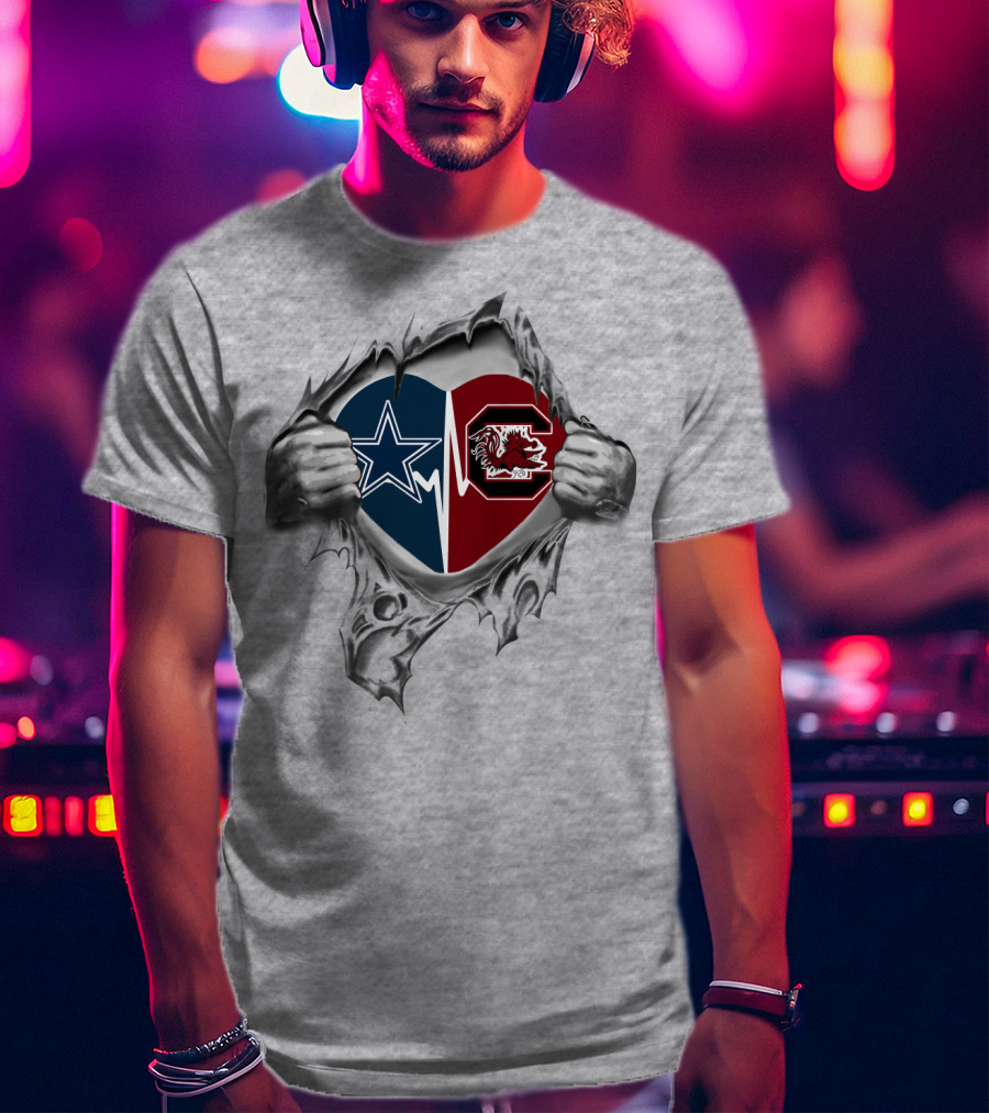 Cowboys Gamecocks Heart Design With Dallas Star And Gamecock Emblem T-Shirt