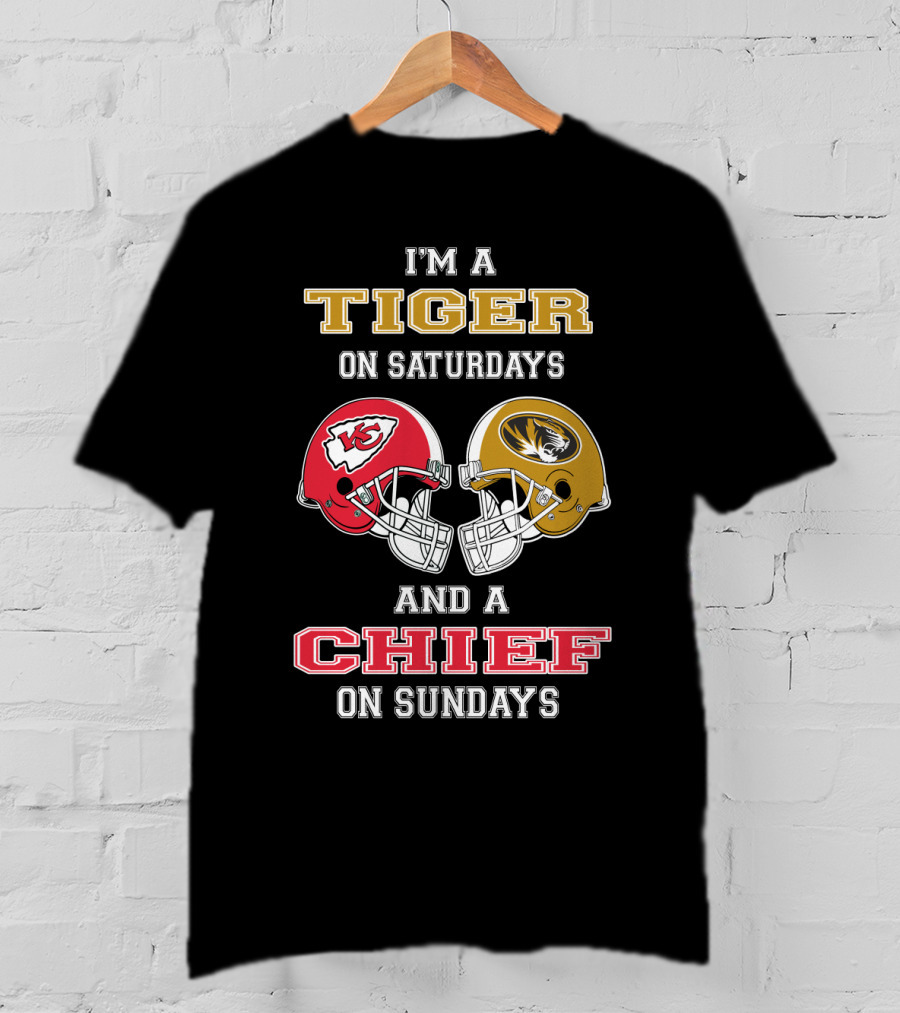 I'm A Tiger On Saturdays And A Chief On Sundays Missouri Kansas City Football Helmets T-Shirt