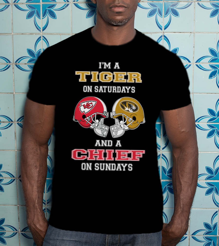 I'm A Tiger On Saturdays And A Chief On Sundays Missouri Kansas City Football Helmets T-Shirt