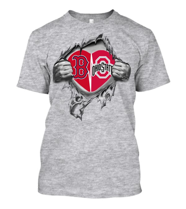 Boston Red Sox Ohio State Scarlet And Gray Heart Emblem Peeling Hands T-Shirt