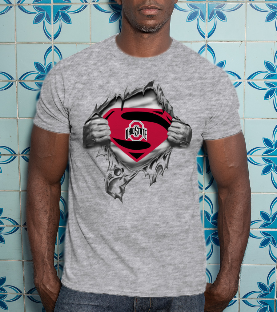 Ohio State Superman Shield Logo Silver Rip T-Shirt