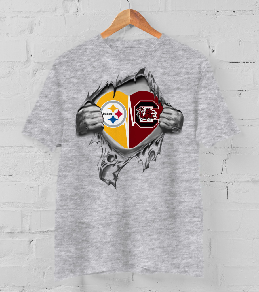 Steelers Gamecocks Heart Emblem Featuring Dual Logos With Team Spirit T-Shirt