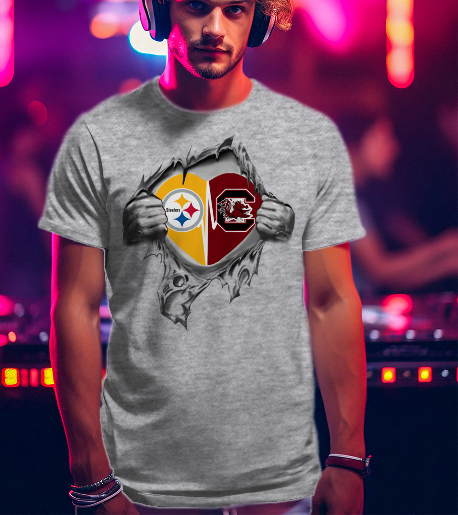 Steelers Gamecocks Heart Emblem Featuring Dual Logos With Team Spirit T-Shirt