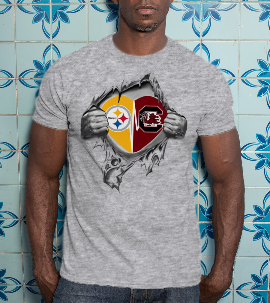 Steelers Gamecocks Heart Emblem Featuring Dual Logos With Team Spirit T-Shirt