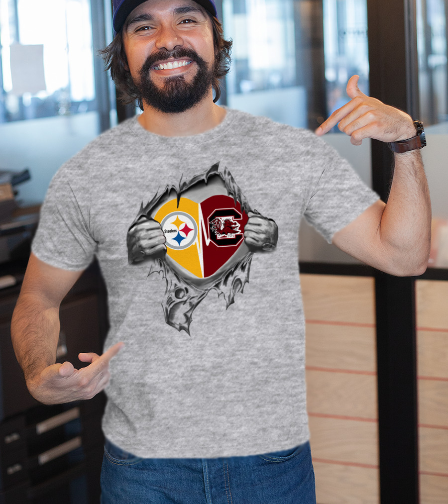 Steelers Gamecocks Heart Emblem Featuring Dual Logos With Team Spirit T-Shirt