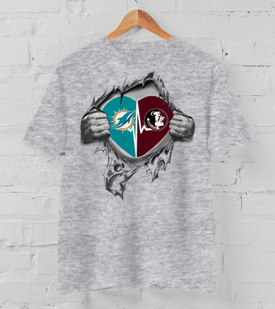 Heart Of Dolphins And Seminoles Logos Torn Open T-Shirt