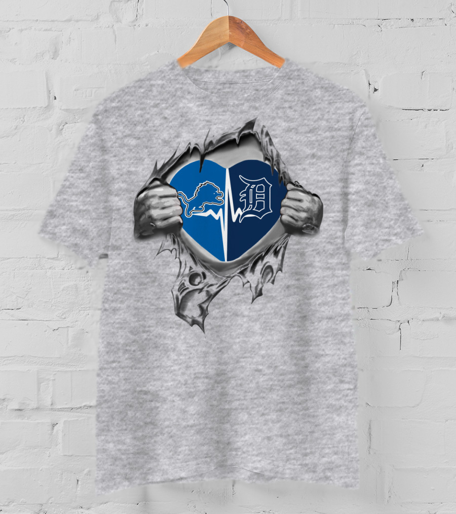 Detroit Lions Tigers Heart Logos T-Shirt