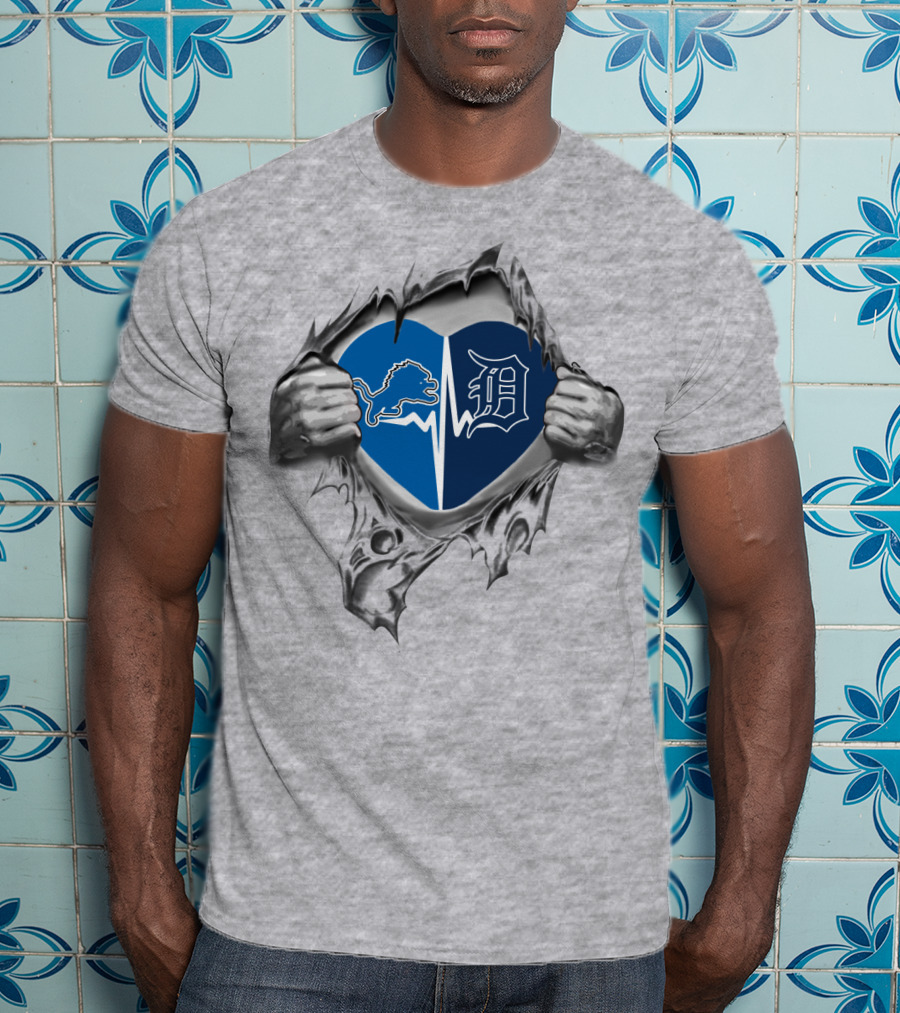 Detroit Lions Tigers Heart Logos T-Shirt