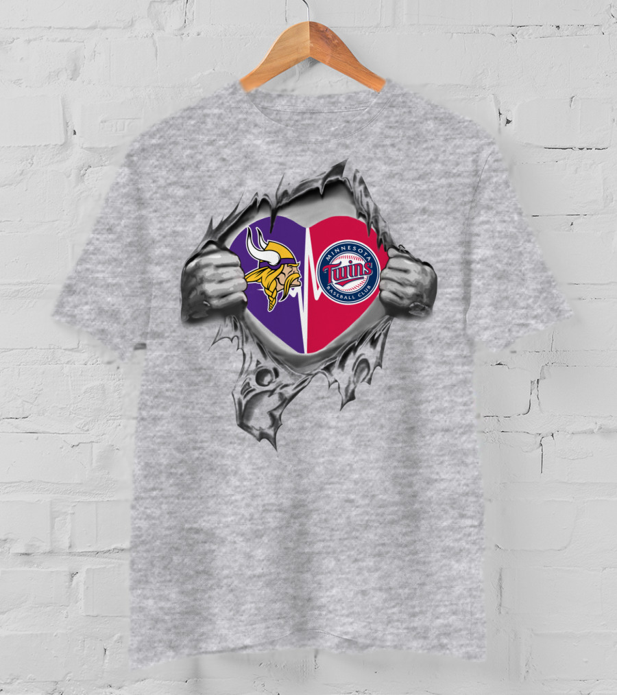 Vikings Twins Minnesota Baseball Football Heart Torn T-Shirt