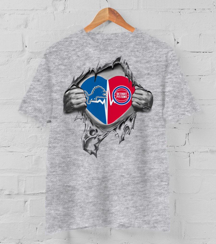 Detroit Lions Pistons Heart Display With Tearing Hands And Football Basketball Logos T-Shirt