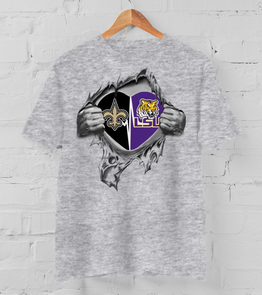 Saints And LSU Heart Logo Design With Fleur-de-Lis And Tiger Emblem T-Shirt