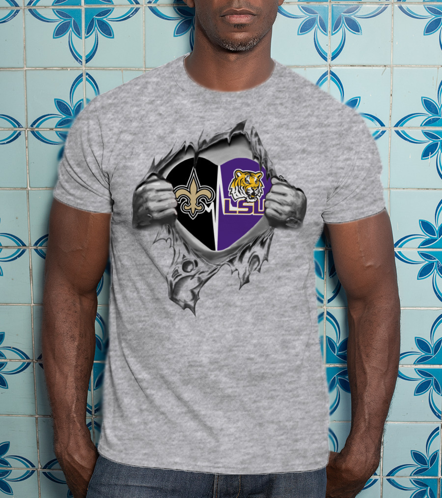Saints And LSU Heart Logo Design With Fleur-de-Lis And Tiger Emblem T-Shirt
