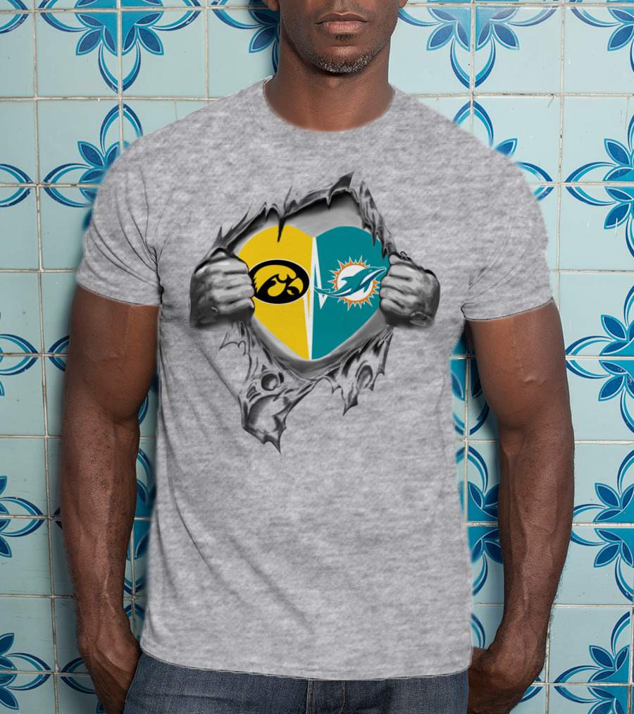 Iowa Hawkeyes Miami Dolphins Heart Rip T-Shirt