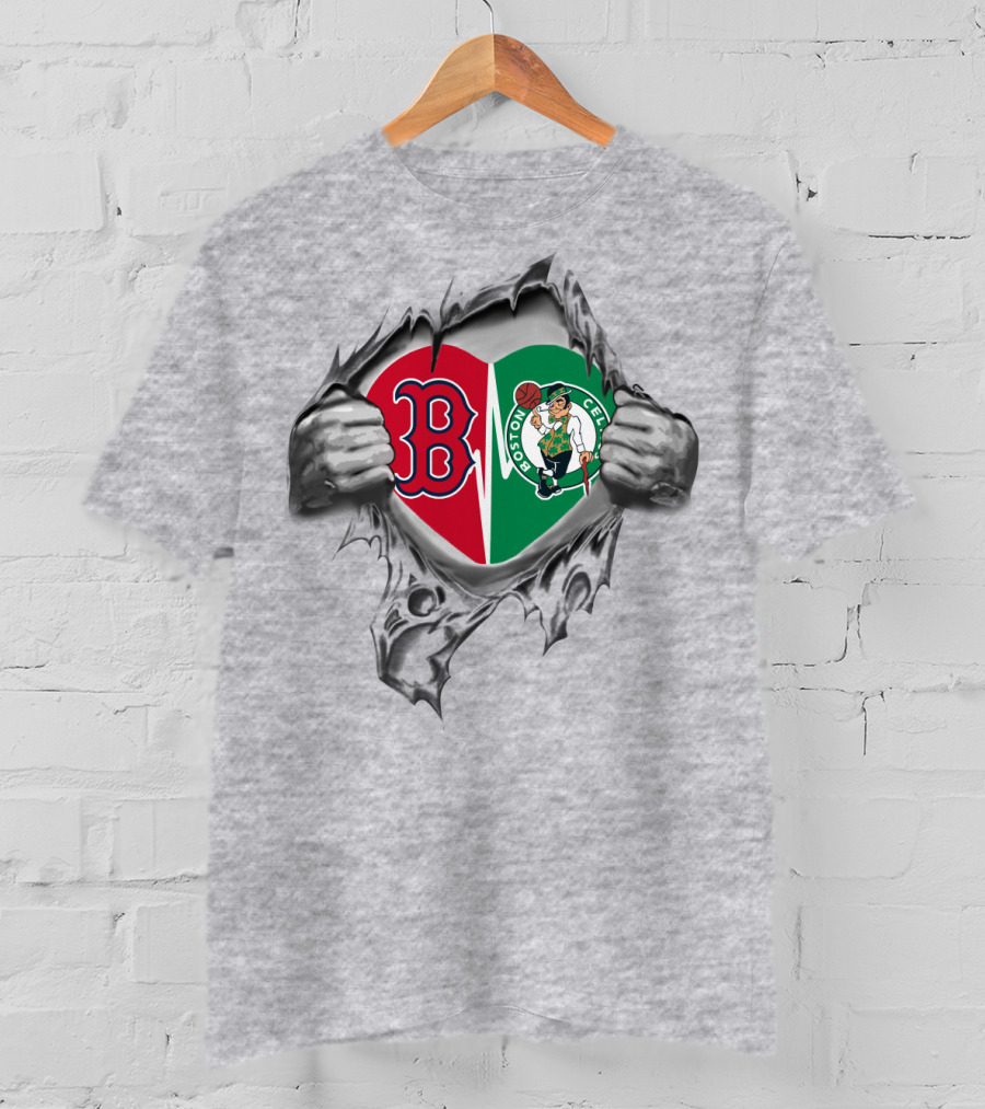 Red Sox Celtics Boston Pride Heart Torn Open Logo Fusion T-Shirt