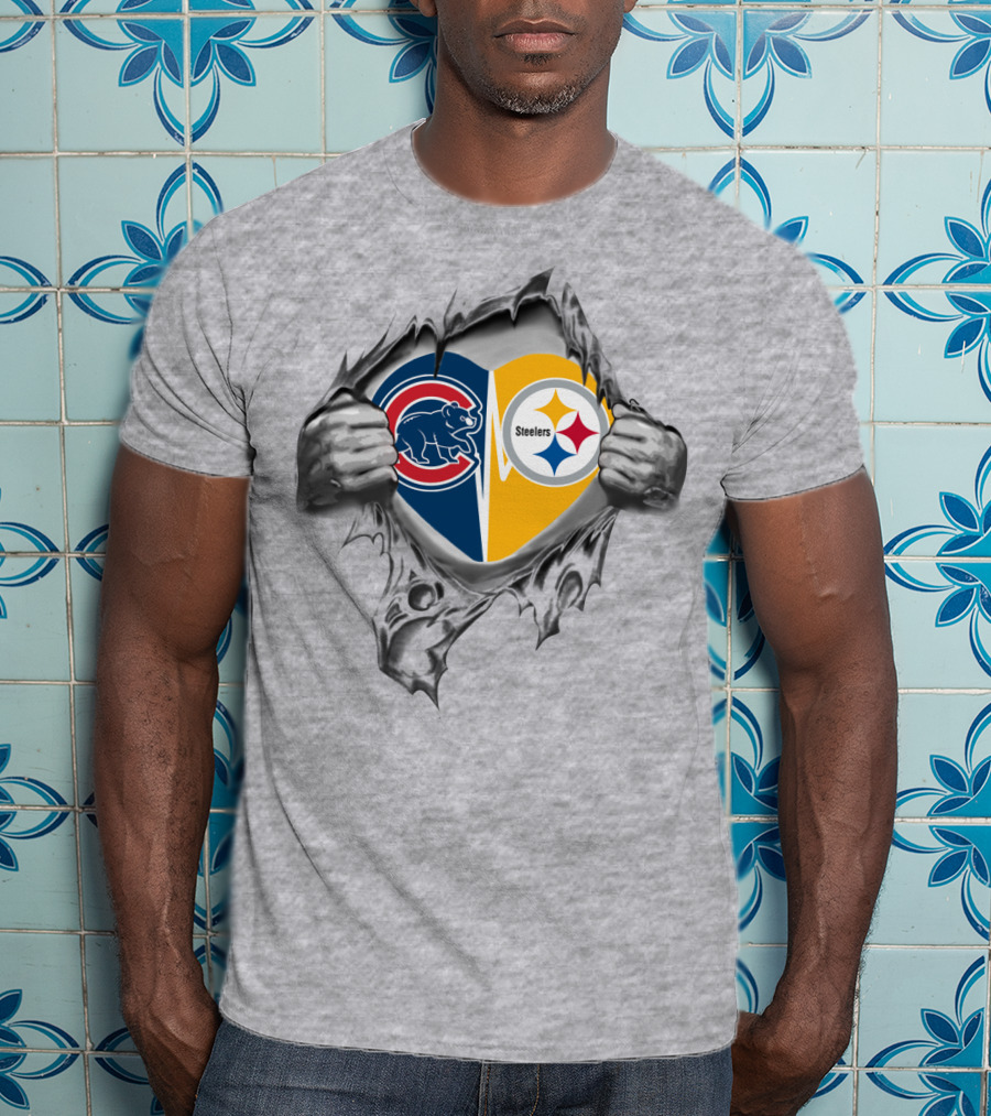 Cubs Steelers Heart Logo Ripped T-Shirt