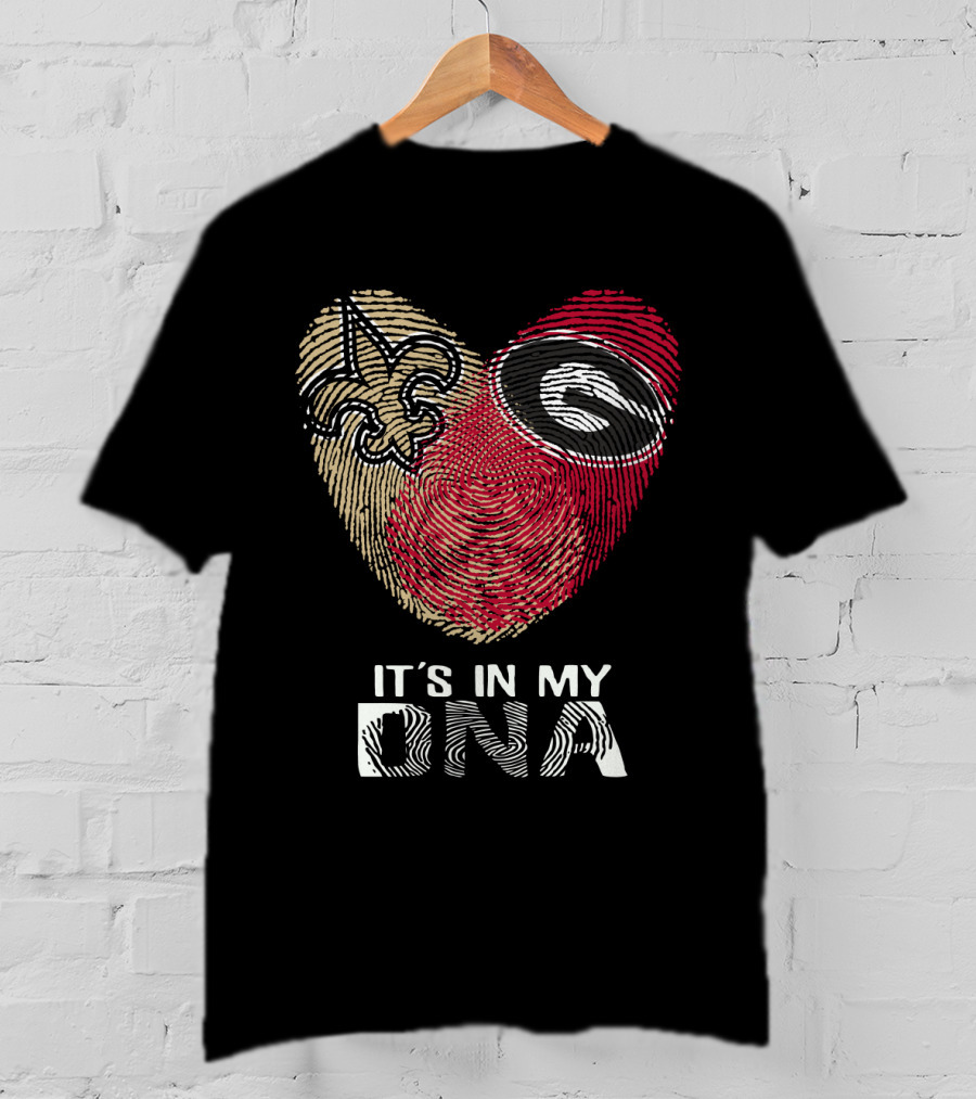 Saints Bulldogs It's In My DNA Fleur-de-Lis And Georgia Logo Fingerprint Heart T-Shirt