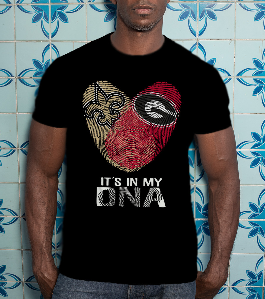Saints Bulldogs It's In My DNA Fleur-de-Lis And Georgia Logo Fingerprint Heart T-Shirt