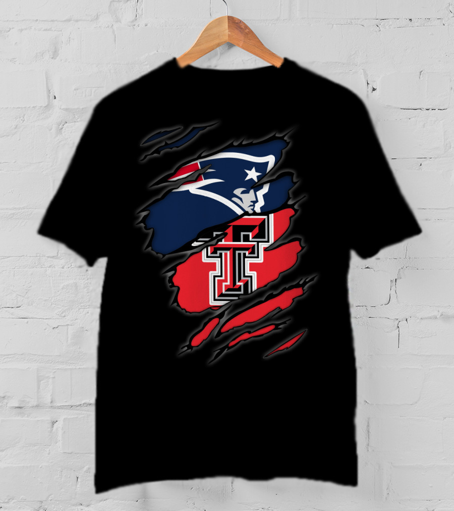 Patriots And Texas Tech Dual Logo Ripped T-Shirt