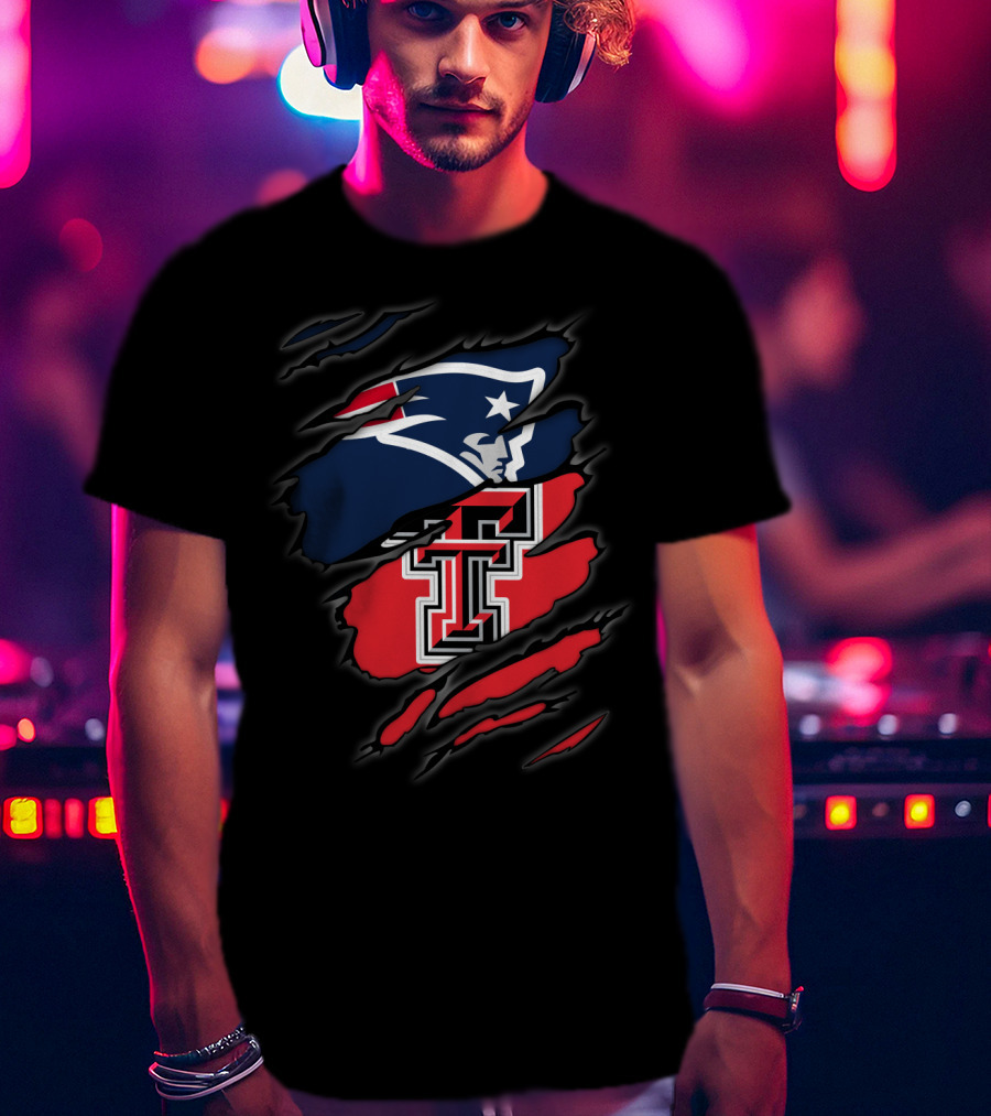 Patriots And Texas Tech Dual Logo Ripped T-Shirt